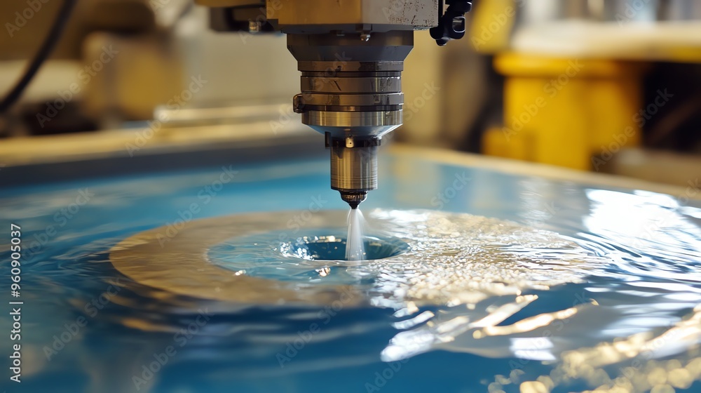 Precision water jet cutting in action, showcasing the intricate process of shaping materials with high-pressure water. Precision water jet cutting in action, showcasing the intricate process of shaping materials with high-pressure water.