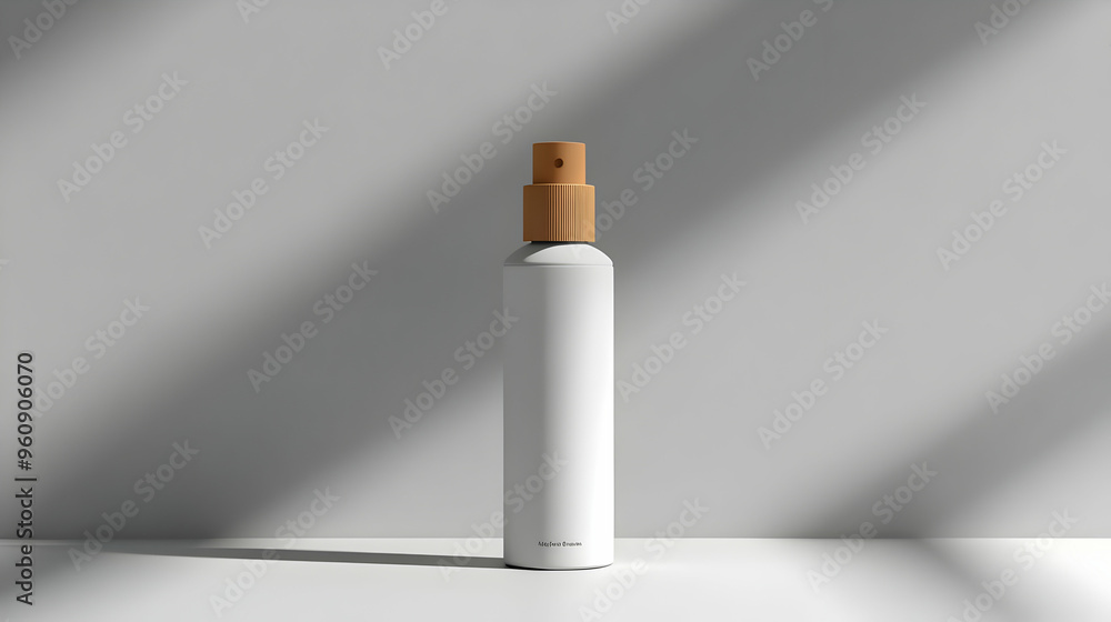 White Spray Bottle Mockup with Wooden Lid and Shadows White Spray Bottle Mockup with Wooden Lid and Shadows