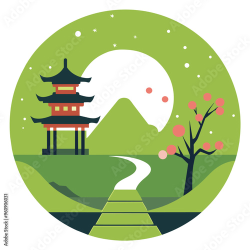 This artwork features a tranquil landscape showcasing a traditional pagoda a cherry blossom tree and a distant mountain under a moonlit sky.