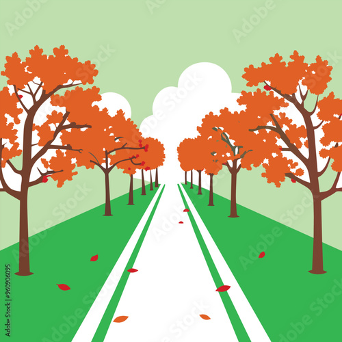 A beautiful pathway meanders through vibrant red trees showcasing the brilliance of autumn under a bright sky with fluffy clouds.