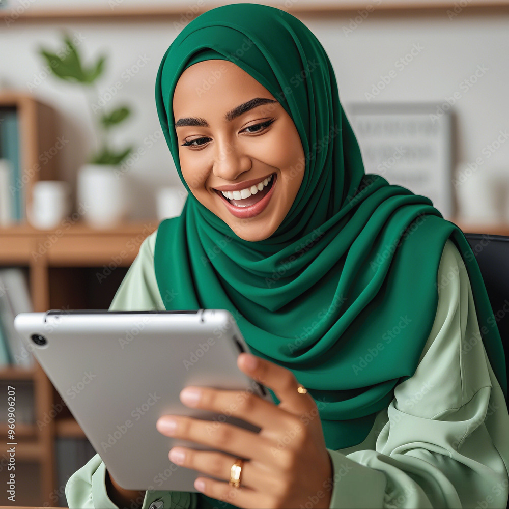 A cheeful woman wearing hijab holding a tablet in a bright office space. A cheeful woman wearing hijab holding a tablet in a bright office space.