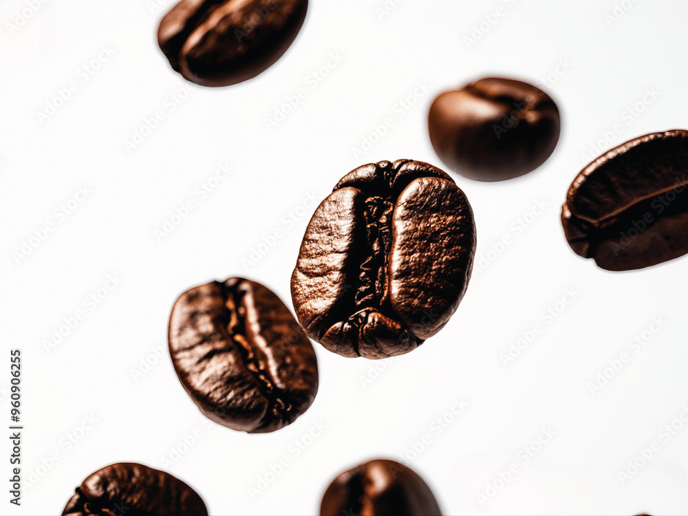 Fototapeta premium Close-up of coffee beans floating in mid-air, captured with a crisp white background