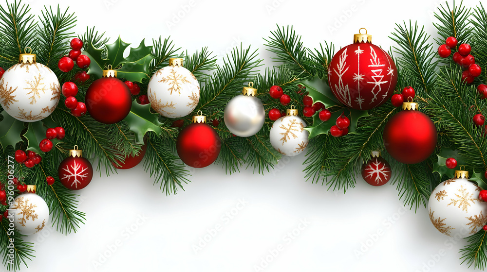 Christmas Ornament Garland With Holly Pine Branches Christmas Ornament Garland With Holly Pine Branches