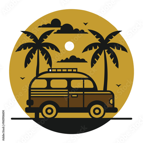 A vintage van stands peacefully beneath palm trees at sunset capturing the essence of a laid back beach adventure filled with nostalgia and warmth