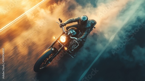 Surreal aerial motorcycle on road, motion blur, sunset, chrome parts, fog, smoke, movie lights and lighting, movie posters, top view