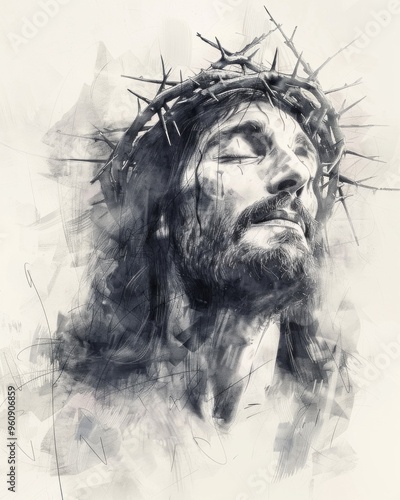 Artistic portrayal of Jesus Christ in a crown of thorns, with detailed shading and emotive expression capturing the pain and solemnity of his sacrifice.