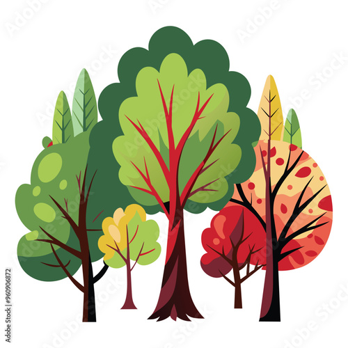 This vector features a collection of autumn trees displaying a mix of green yellow orange and red leaves ideal for design themes inspired by fall