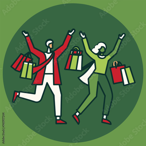 Two joyful shoppers one in red and the other in green excitedly display shopping bags while celebrating in a lively green environment.
