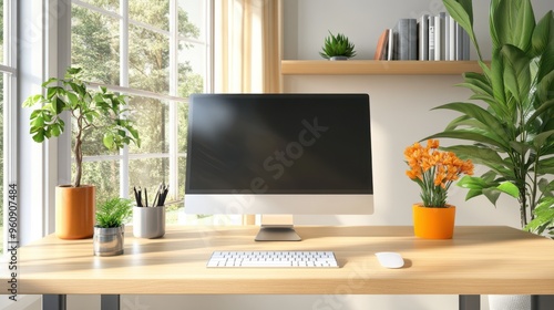 Modern Home Office Desk with Computer Plants and Sunlight