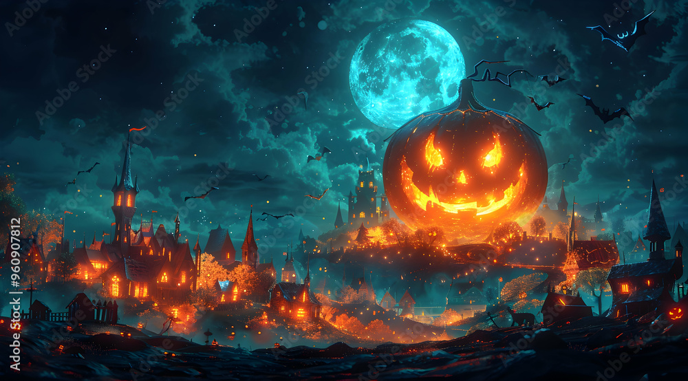 Halloween Village Illustration with Glowing Pumpkin and Moon Halloween Village Illustration with Glowing Pumpkin and Moon