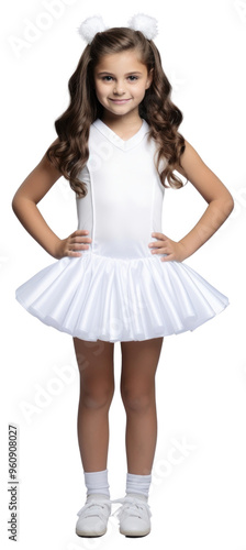 PNG A kid girl wearing blank white cheerleader costume mockup miniskirt portrait dancing.