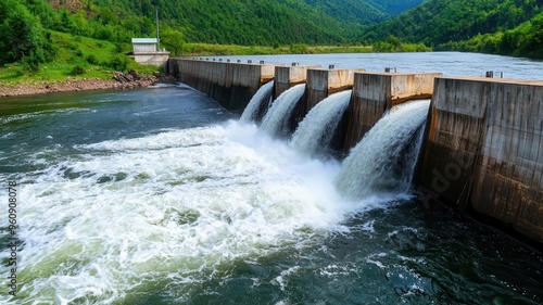 Hydroelectric dam at the center of a vast river, with dynamic water flow, illustrating the process of renewable energy generation