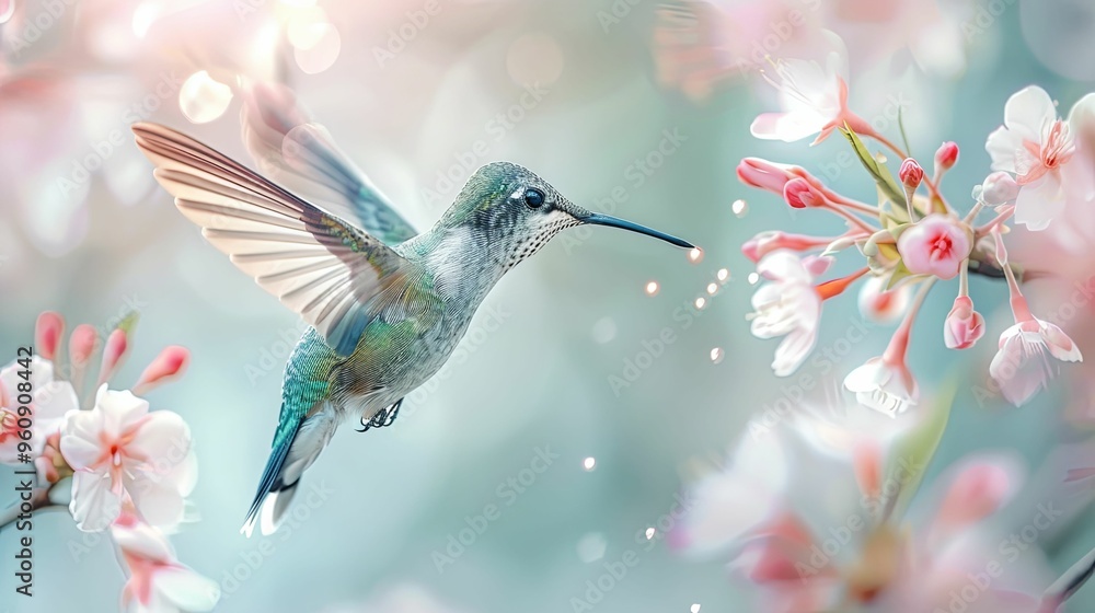A Hummingbird Hovering Near Pink Blossoms A Hummingbird Hovering Near Pink Blossoms