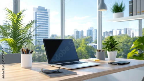 Modern Office Desk with Laptop Plants and City View