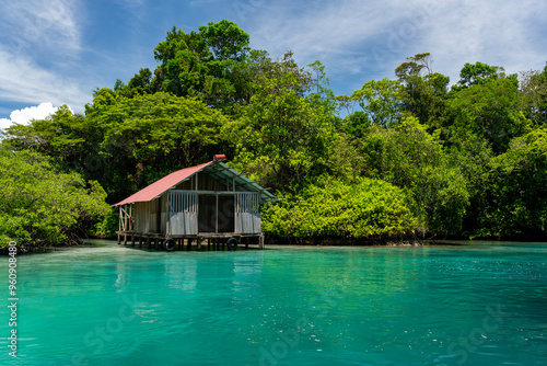 Tropical Waterfront Hut on the Pristine Island of Escudo de Veraguas, Panama, Surrounded by Crystal Clear Waters and Lush Nature, Perfect for an Eco-Friendly Getaway or Remote Vacation photo