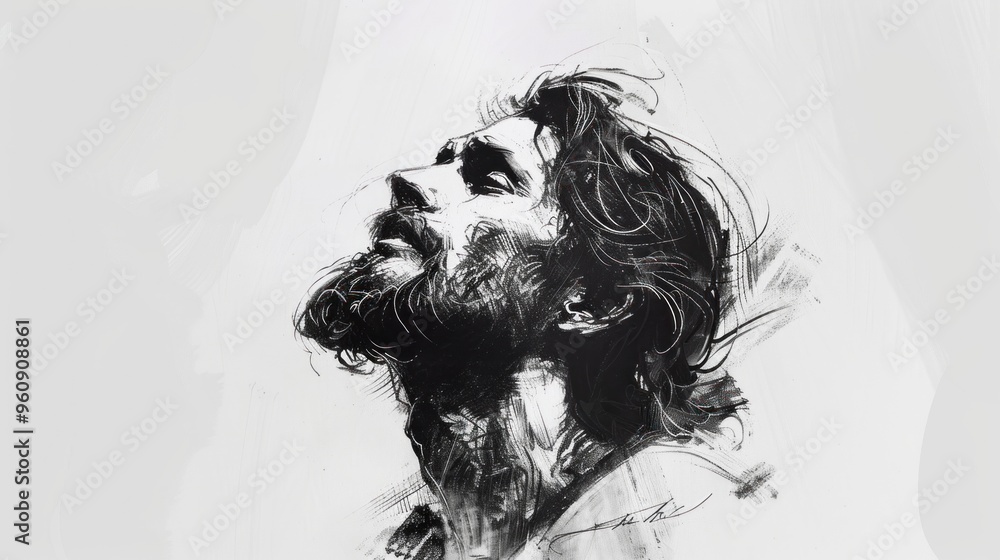 Fototapeta premium Artistic portrayal of Jesus Christ in a crown of thorns, with detailed shading and emotive expression capturing the pain and solemnity of his sacrifice.