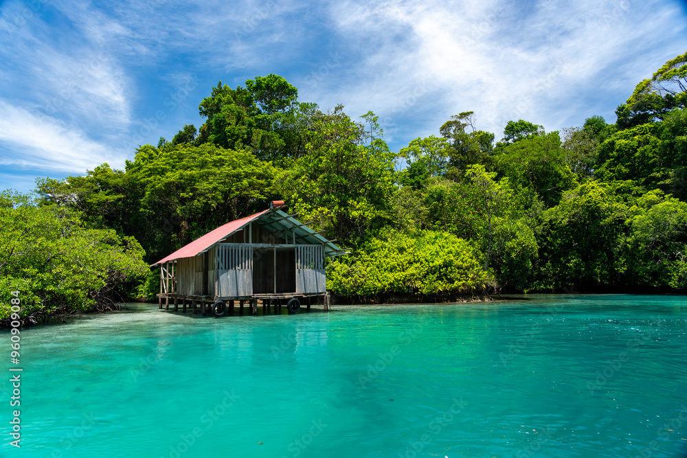Tropical Waterfront Hut on the Pristine Island of Escudo de Veraguas, Panama, Surrounded by Crystal Clear Waters and Lush Nature, Perfect for an Eco-Friendly Getaway or Remote Vacation Tropical Waterfront Hut on the Pristine Island of Escudo de Veraguas, Panama, Surrounded by Crystal Clear Waters and Lush Nature, Perfect for an Eco-Friendly Getaway or Remote Vacation