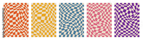 Set and collection trendy twirl backgrounds. Hippie and y2k. Groovy swirl and retro psychedelic aesthetic pattern. Doodle geometric lines. Distorted. Waves. Spiral elements. Shape dots. Chess