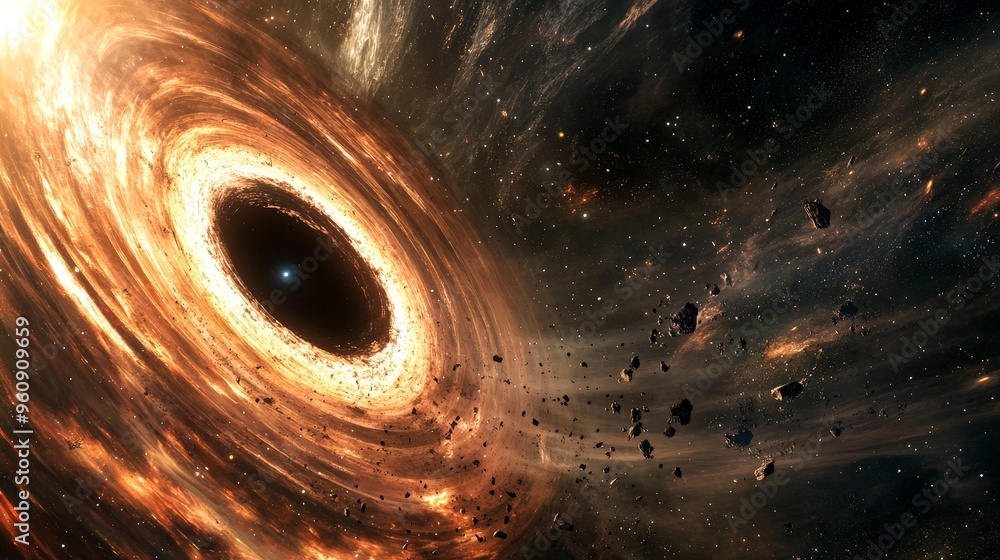 A black hole surrounded by an accretion disk and cosmic debris. It ...