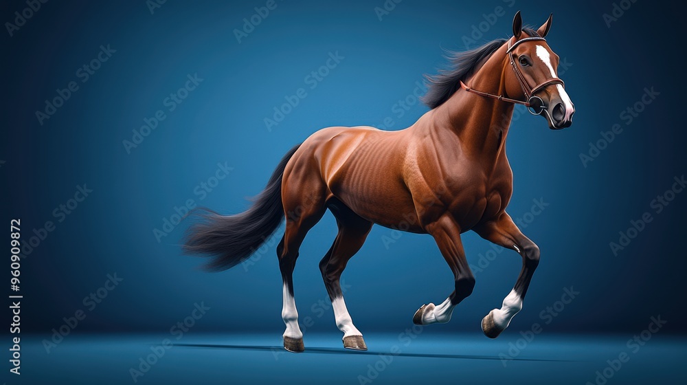 A graceful brown horse galloping against a vibrant blue background, showcasing its strength and beauty in motion. A graceful brown horse galloping against a vibrant blue background, showcasing its strength and beauty in motion.
