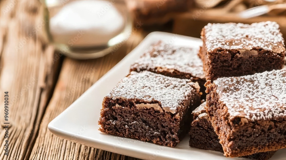 Delicious Chocolate Brownies with Powdered Sugar on White Plate Delicious Chocolate Brownies with Powdered Sugar on White Plate