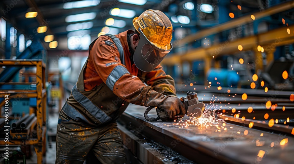 Industrial Worker Grinding Metal with Sparks Flying Industrial Worker Grinding Metal with Sparks Flying