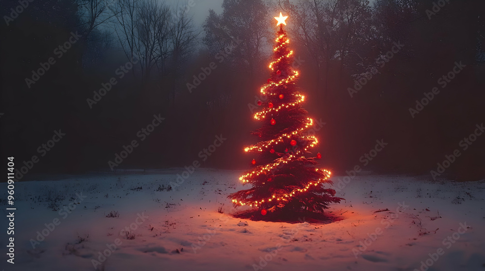 Obraz premium Christmas Tree in Snowy Forest at Night