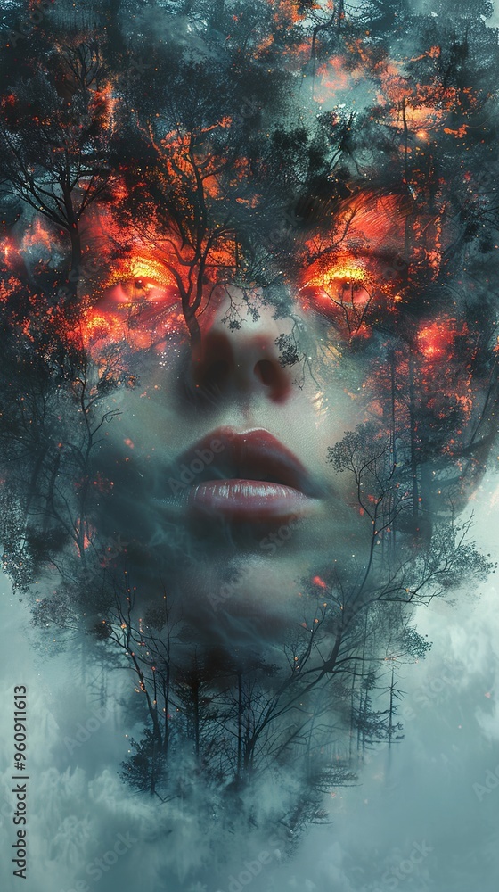 A woman's face is partially obscured by a burning forest with glowing orange eyes and smoke. A woman's face is partially obscured by a burning forest with glowing orange eyes and smoke.