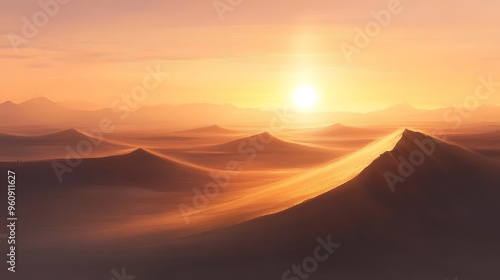 Soft sunrise in the desert with the sun rising gently over the sand dunes Casting a warm golden light over the quiet sand.