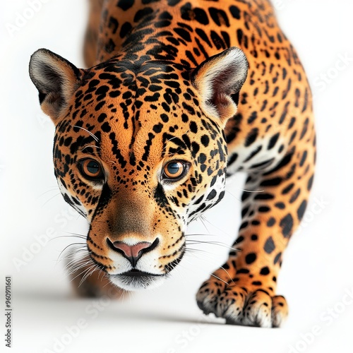 Close-up of a majestic jaguar showcasing its beautiful coat and fierce gaze in a captivating pose. photo