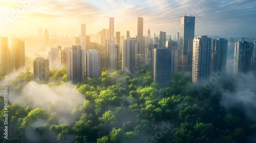 Eco Friendly Futuristic City Skyline with Green Urban Architecture and Lush Vegetation