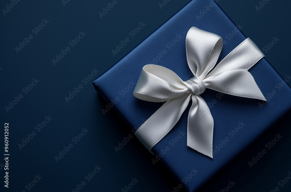 Navy Gift Box with a White Bow: Classic Elegance on a Navy Background Navy Gift Box with a White Bow: Classic Elegance on a Navy Background