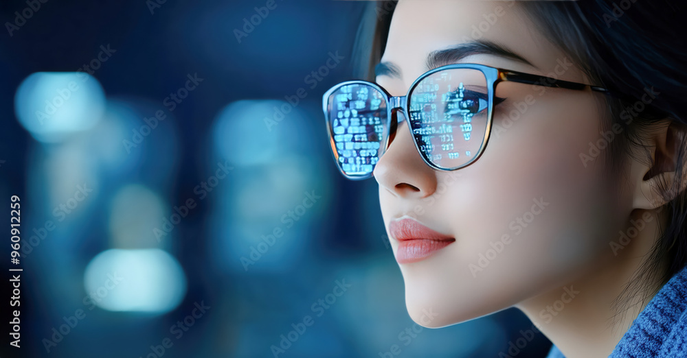 Focused businesswoman studying financial data on a digital table Focused businesswoman studying financial data on a digital table