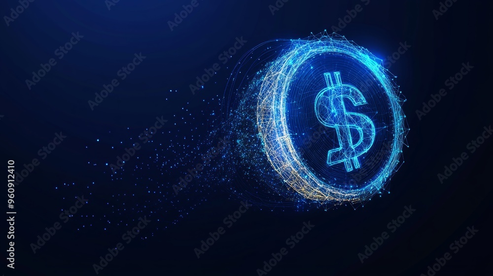 Dollar coin from abstract polygonal points blue. Low poly coin in motion, lines and connected to form, vector illustration Dollar coin from abstract polygonal points blue. Low poly coin in motion, lines and connected to form, vector illustration