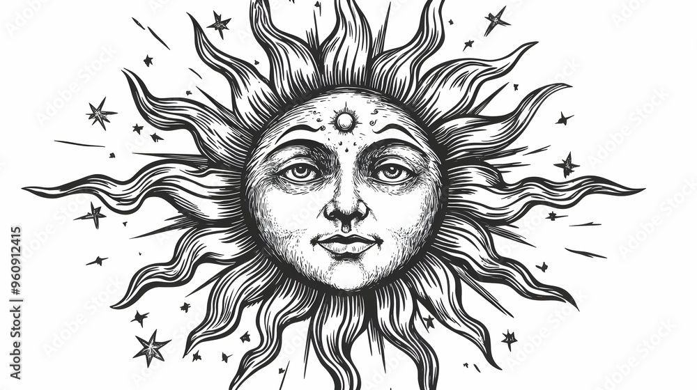 Obraz premium Sun Face with Stars Vintage Hand Drawn Illustration