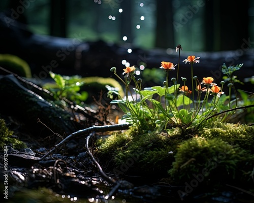 Orange Flowers Blooming in a Sun-Dappled Forest photo