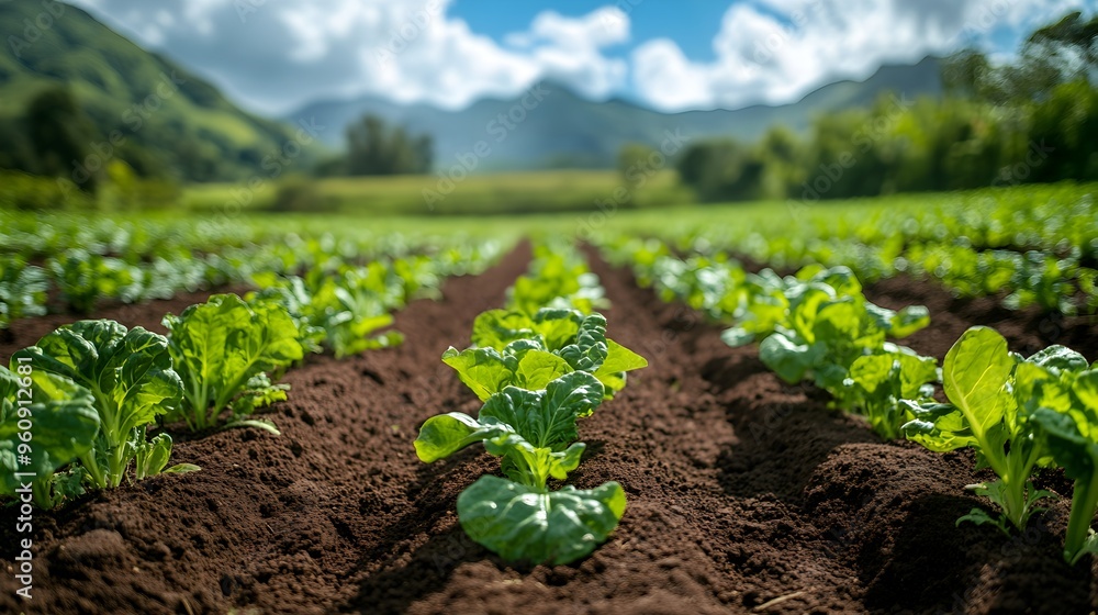 Organic Vegetables Growing in a Lush Agricultural Field with Cloudy Skies in the Background Organic Vegetables Growing in a Lush Agricultural Field with Cloudy Skies in the Background