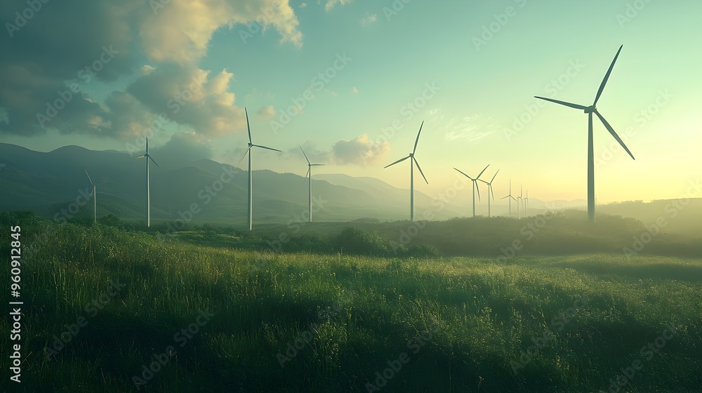 Obraz premium Renewable Wind Energy Turbines in Lush Green Countryside Landscape
