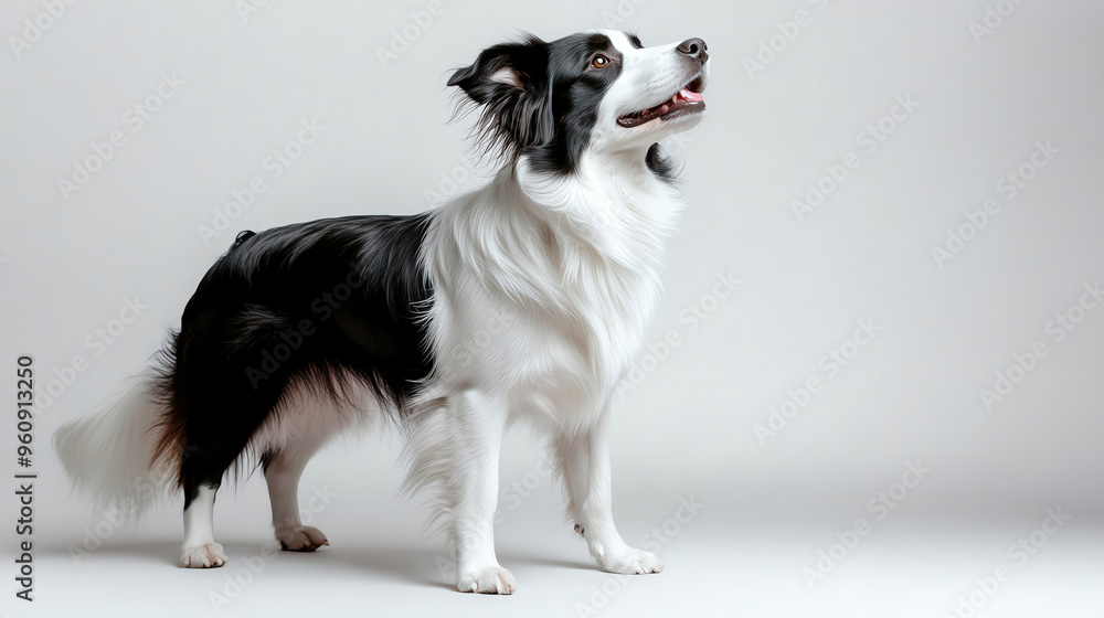 Adorable black and white dog standing happily with a playful expression, perfect for pet-themed projects. Adorable black and white dog standing happily with a playful expression, perfect for pet-themed projects.