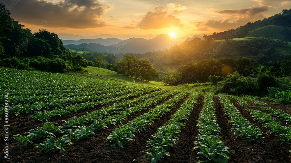 Sustainable Farming Practices in a Picturesque Countryside Landscape at Sunset Sustainable Farming Practices in a Picturesque Countryside Landscape at Sunset