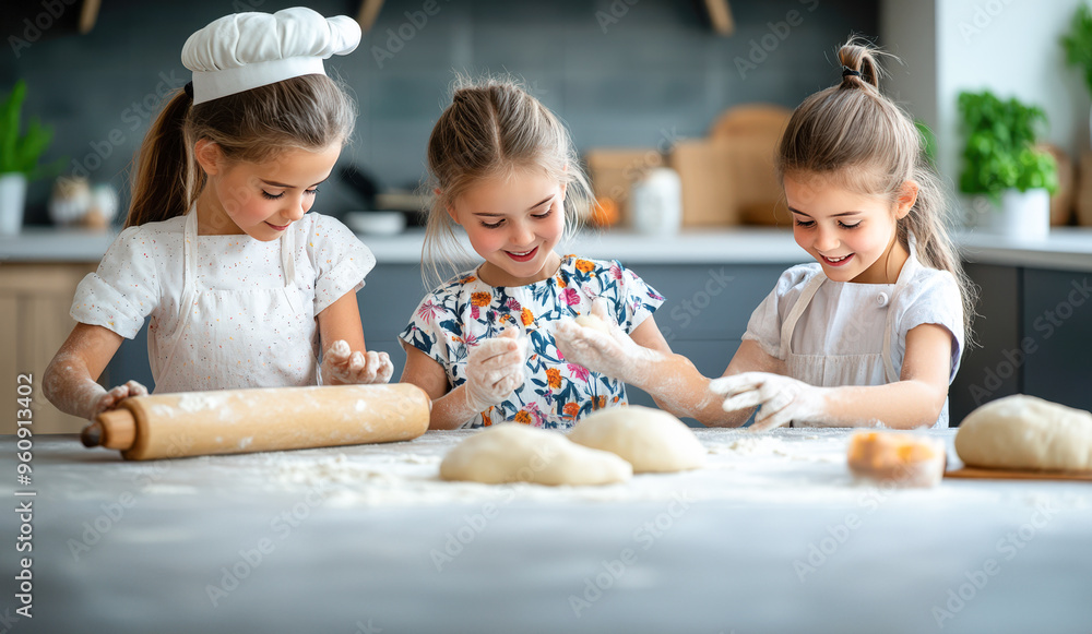 Three joyful children baking in a bright kitchen, enjoying hands-on fun with dough and flour, fostering creativity and teamwork. Three joyful children baking in a bright kitchen, enjoying hands-on fun with dough and flour, fostering creativity and teamwork.