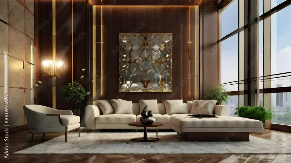 Elegant luxury living room with sparkling wood decoration. Seamless 4K looping timelapse video animation background Elegant luxury living room with sparkling wood decoration. Seamless 4K looping timelapse video animation background