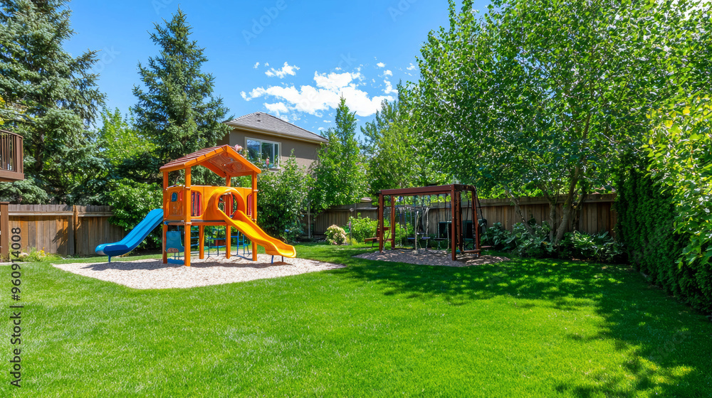 Vibrant backyard playground with slide and swings surrounded by lush green grass and trees under a bright blue sky Vibrant backyard playground with slide and swings surrounded by lush green grass and trees under a bright blue sky