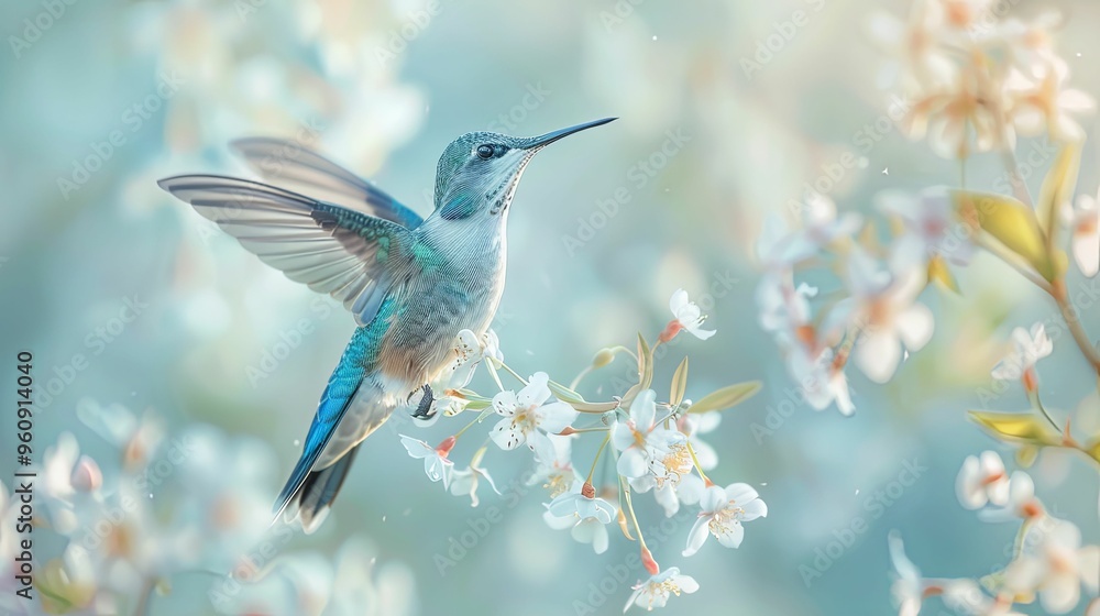 Fototapeta premium A Hummingbird Perched on a Branch of White Blossoms