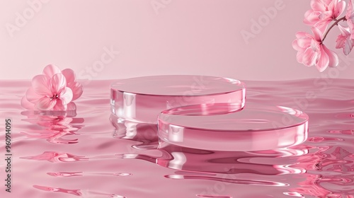 Abstract product presentation with glass podiums on pink water background.
