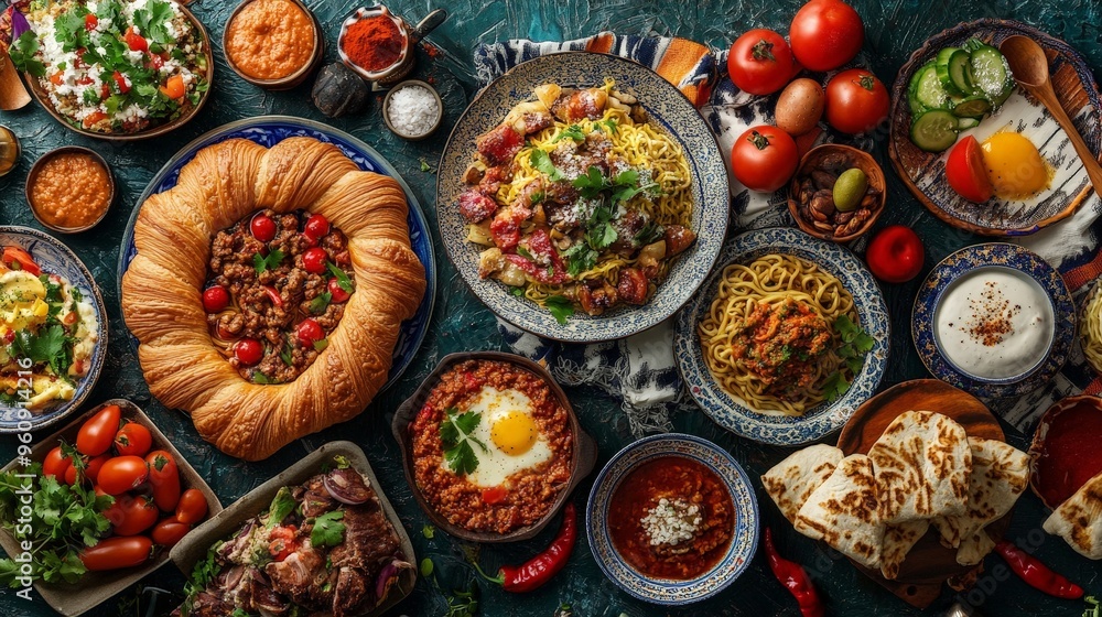 Fototapeta premium A colorful display of traditional foods from different cultures, including French croissants, Japanese ramen, Mexican enchiladas, and Moroccan couscous, elegantly plated.