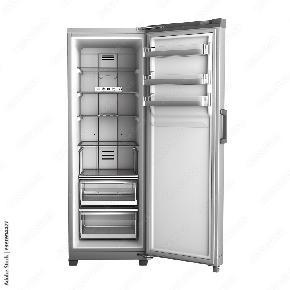 Open Stainless Steel Refrigerator with Empty Shelves Open Stainless Steel Refrigerator with Empty Shelves