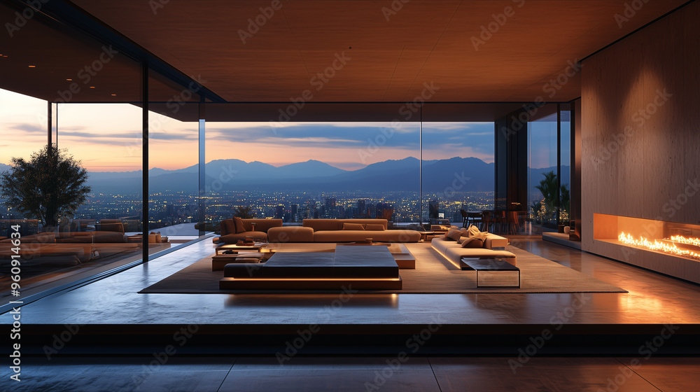 Fototapeta premium Modern house living room with spacious open space There is a central courtyard with a fireplace, a pond, perfectly arranged-3
