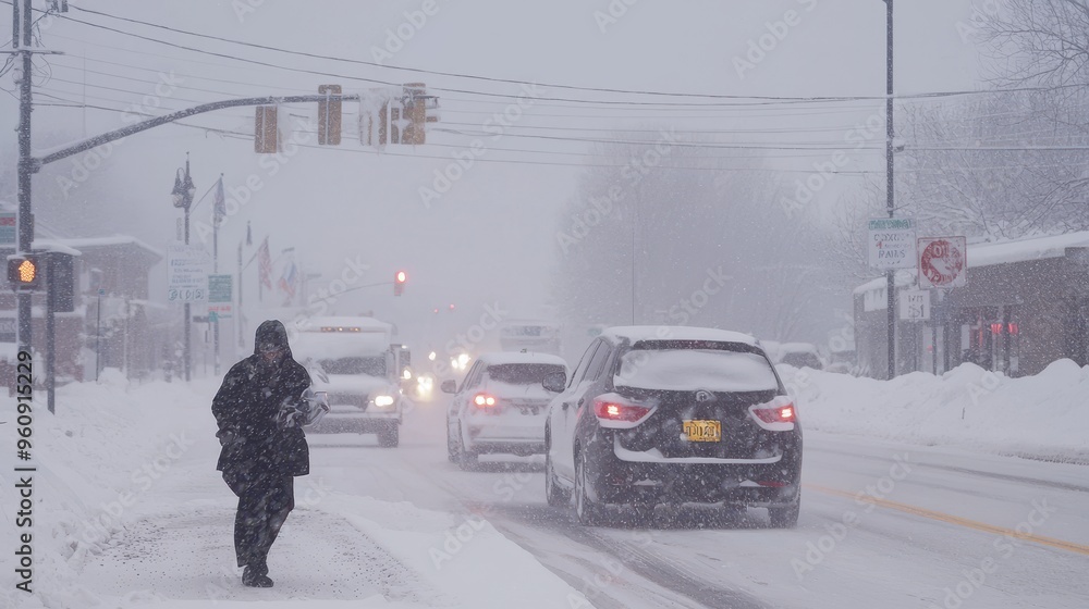 Fototapeta premium Person Walking In Snowstorm On City Street