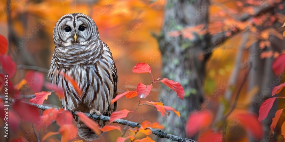 Barred owl resting on a path in a forested area during fall, attentively observing the ground for potential food.